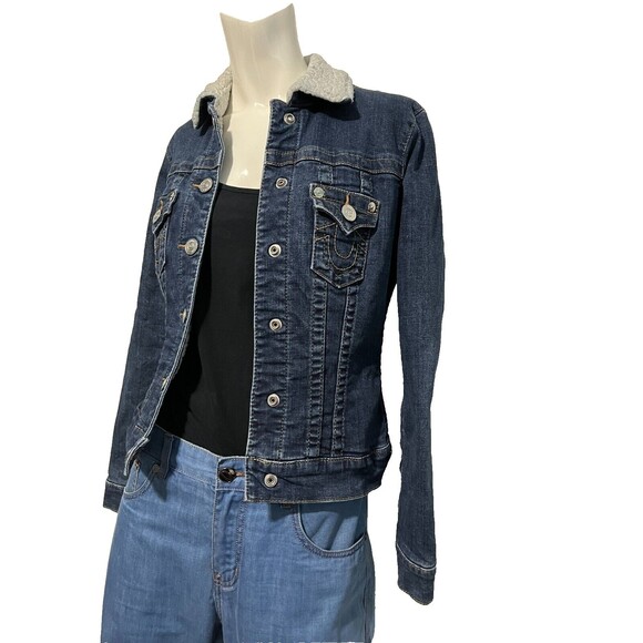 True Religion Womens Sherpa Lined Blue Denim Trucker Jacket XS EUC - Picture 11 of 13